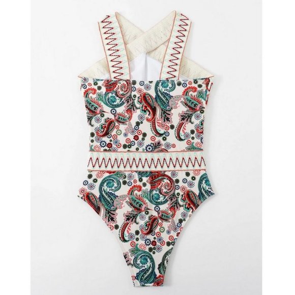 Boho Paisley Chevron Stripe Tape High Neck One Piece Swimsuit - Picture 3 of 8